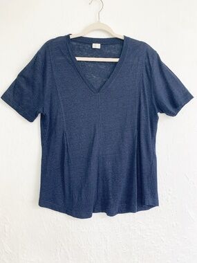 Poetry V-Neck 100% Linen Pleated Navy Blue Top Sz 12